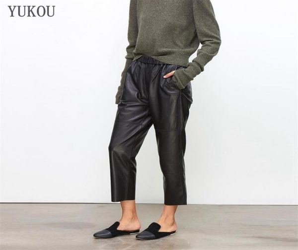 

women pants 100 genuine sheep leather 2020 fashion real genuine sheep leather crop jeans elastic belt waist trousers lj2011309968073, Black;white