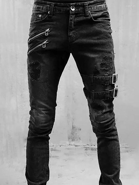 

men's jeans mens slim fit hole pencil pants ripped skinny streetwear denim man clothing casual biker trousers, Blue