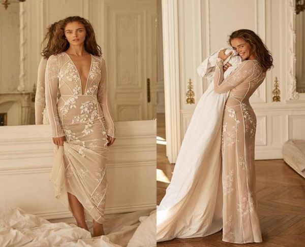 

2020 liz martinez mermaid wedding dresses v neck lace appliques long sleeve trumpet wedding dress boho beach bridal gowns vestidos2312511, White