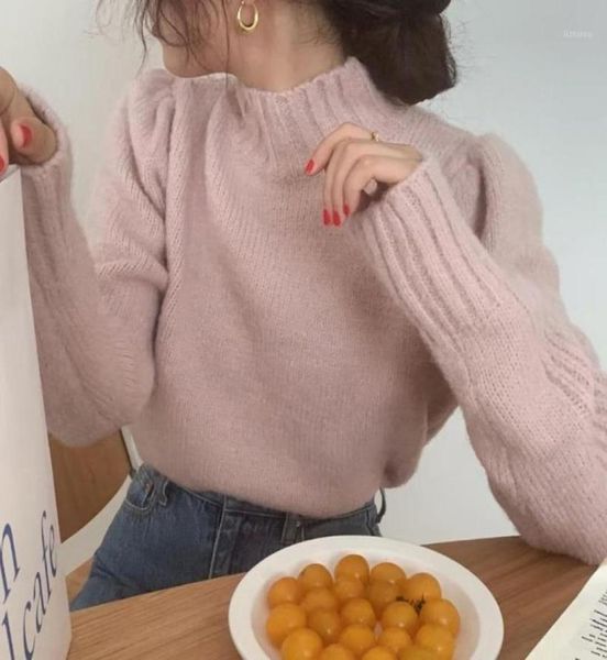 

women039s sweaters retro chic french style pullover niche design sense 2021 winter high collar warm soft waxy puff sleeve sweat9495705, White;black