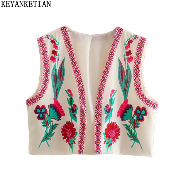 

women's vests keyanketian ladies boho printed vest jacket buttonless cropped women's thin cardigan vacation jacket 230808, Black;white