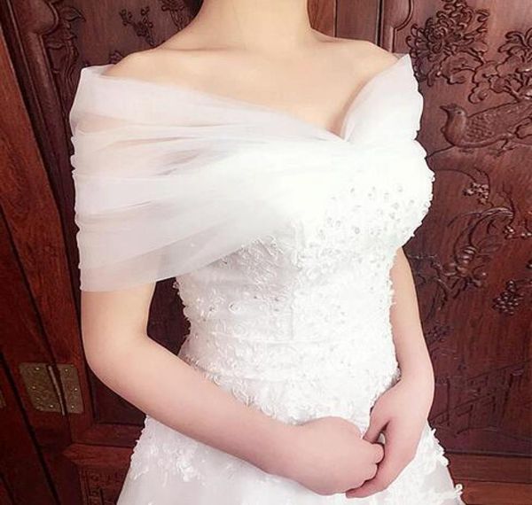 

2017 elegant bateau neckline wedding bridal wraps jacket shawl off shoulder tulle lace up back wedding accessories7177575, White