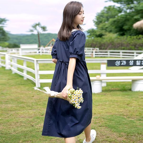 

woman dress baby neck dress girls' summer dress freshman sweet college style sunshine department long dress, Deep blue