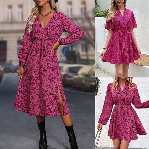 

womens v neck slim print long sleeved dress, Black;gray