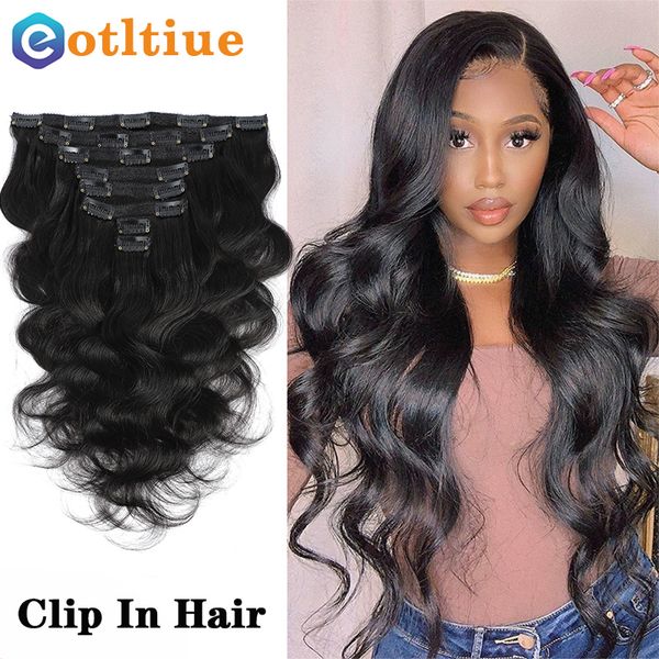 

lace clip in hair human brazilian body wave 8 pcs set natural black color ins 8 26 inch 120g 230807, Black;brown