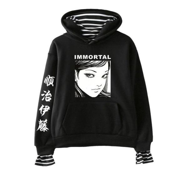 

horror comic junji ito hoodies women men fake two piece hooded sweatshirt harajuku streetwear hip hop pullover hooded jacket2440777, Black