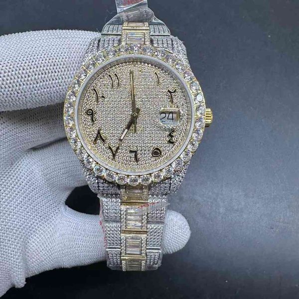 

full diamonds yellow gold 2tone color 41mm cz stones face arabic numbers 2824 automatic baguette diamonds watchband, Slivery;brown