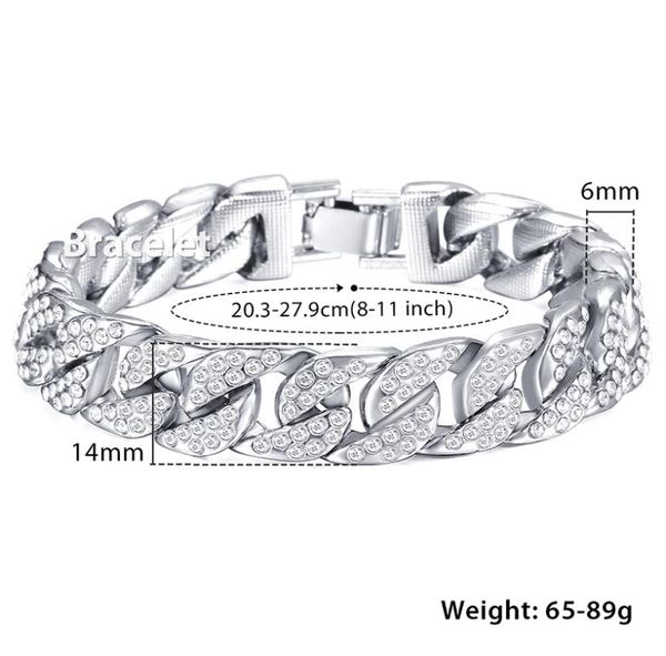 

men039s bracelet hip hop miami curb cuban link chain iced out cz silver gold bracelets for male jewelry drop 14mm kgb405511501, Golden;silver