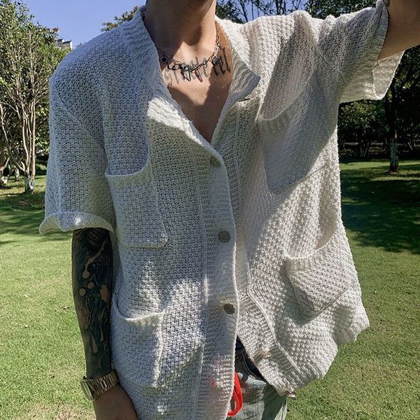 

men's sweaters autumn knitted short-sleeved sweater fashion men's cardigan solid color simple slimming niche thin coat male casual, White;black