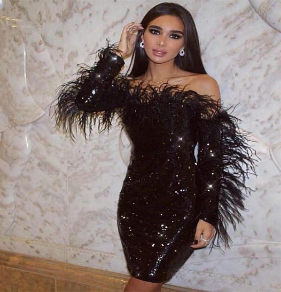 

2020 mini cocktail dresses with feathers long sleeves sparkling sequined club wear party short prom dress64624671467078, Black