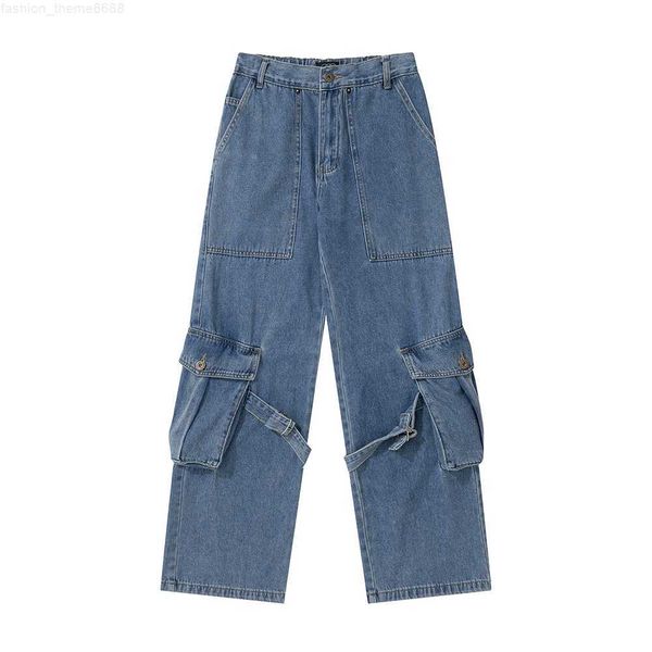 

big pockets washed blue black baggy jeans for men straight casual streetwear loose denim trousers cargos