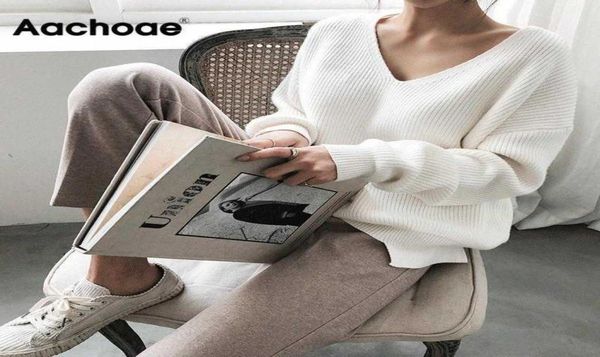 

aachoae womens sweaters 2020 autumn winter casual v neck women pullover sweater solid long sleeve loose knitted cashmere t20079040915, White;black