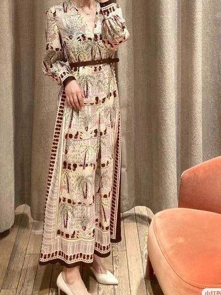 

2023 summer new dress vintage print loose v-neck waist long sleeve temperament long dress 7, Black;gray