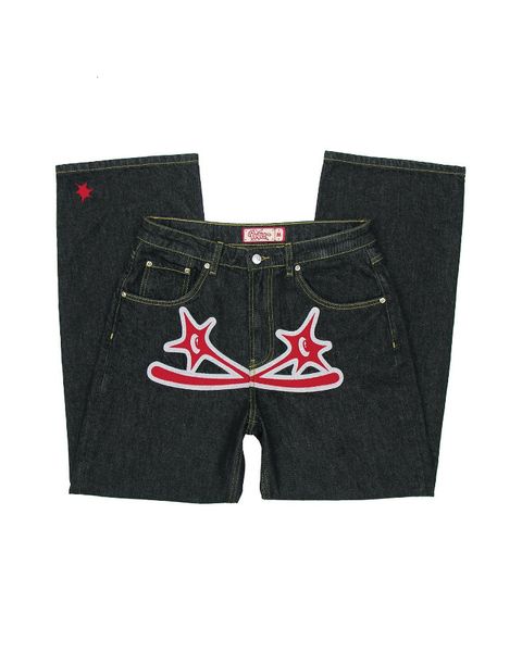 

men's jeans y2k american retro black high-end printed jeans couple autumn loose high waist slim straight casual mopping pants wide leg, Blue