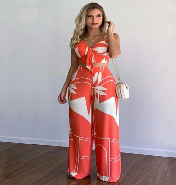 

women039s two piece pants summer printed vneck streamer short vest elastic waist straight women39s twopiece set3208847, White