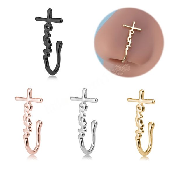 

faith cross clip on nose rings non piercing nariz cuff earring fake piercing copper for women men punk body jewelry, Silver