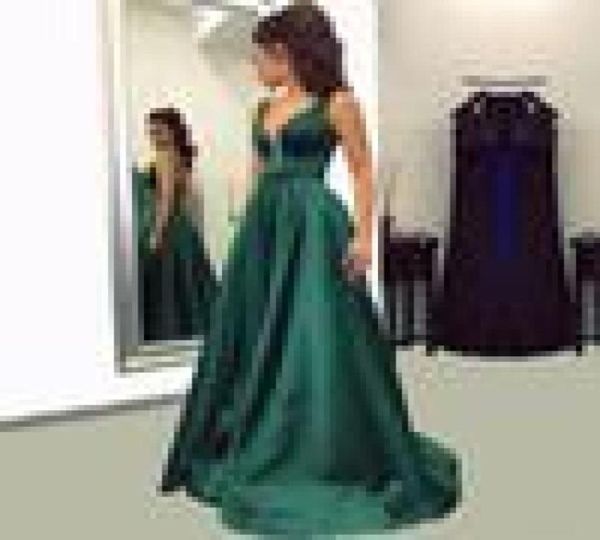 

hunter green prom dresses 2020 deep v neck satin floorlength long dresses party evening wear open back vestido de festa prom dres8485870, Black;red