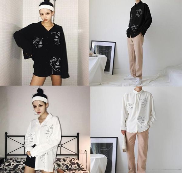 

autumn street wear women cotton white blouses line face print retro shirts casual long sleeve black blouse8579271