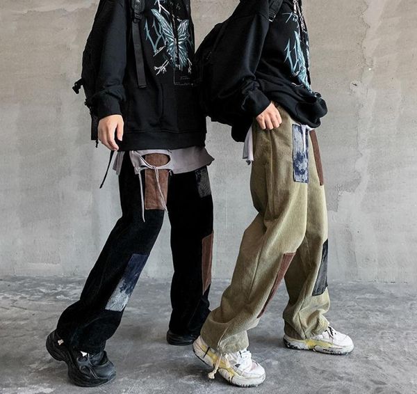 

men039s pants autumn cotton corduroy fashion retro hole patch straight men streetwear loose hiphop pleated trousers mens4291905, Black