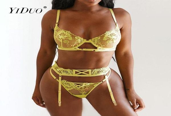 

yiduo fashion yellow underwear set transparent lace lingerie 3 piece women039s underwire push up bra brief sets club track7182860, Gray