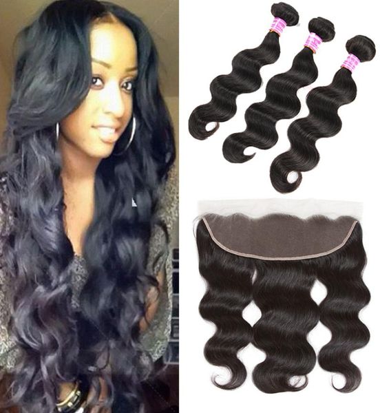 

bundles with frontal brazilian hair body wave human hair 3 wefts and full lace frontal closure unprocessed peruvian malaysian hair8471126, Black;brown
