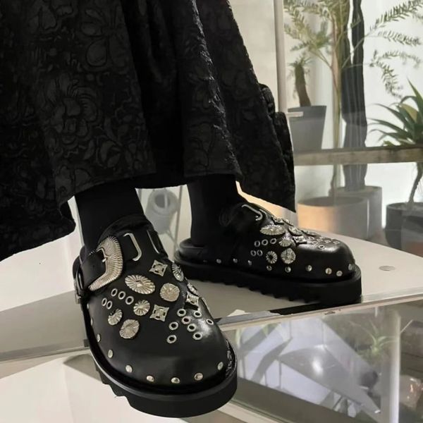 

slippers summer women slippers platform rivets punk rock leather mules creative metal fittings casual party shoes female outdoor slides 2308, Black