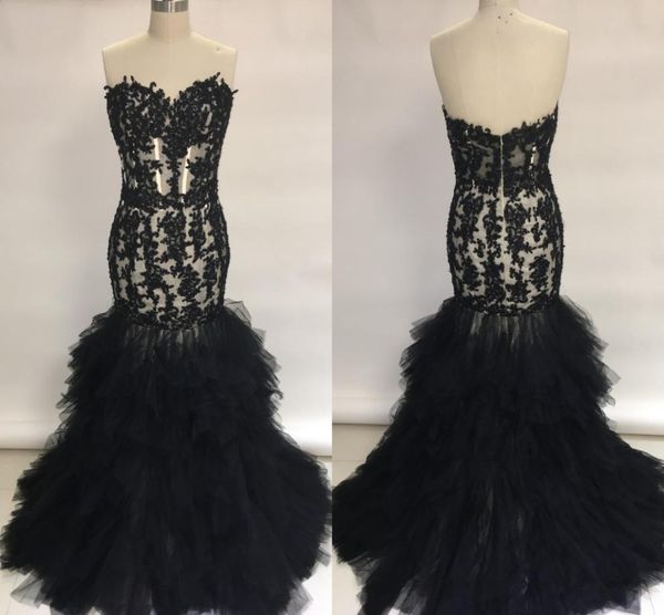 

2020 long prom dresses mermaid sweetheart lace appliques sleeveless black girl prom party gowns ruffles skirt plus size form3971153