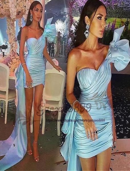

2019 light blue short prom dresses sweetheart one shoulder arabic pleats ruched formal evening cocktail party gowns with long4619356, Black