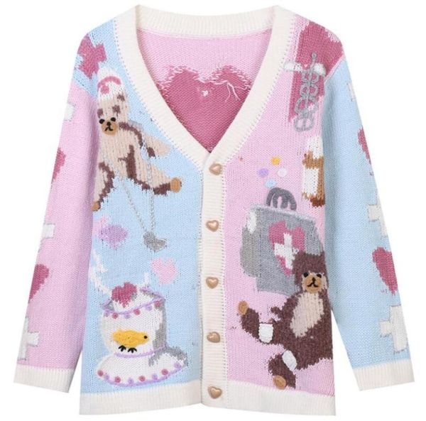 

runway sweater women contrast color bear jacquard knitted cardigan coat 2021 autumn winter new vneck single breasted w67939637, White;black