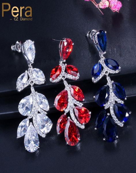

dangle chandelier pera 3 color red cubic zirconia crystal long leaf shape hanging drop bridal earrings for wedding women jewelry1082115, Silver