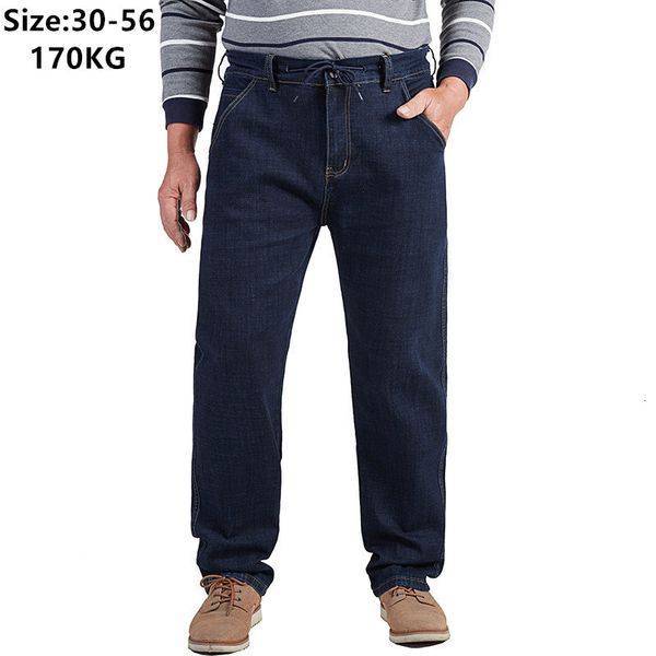 

mens jeans father gift high waist brand big size for men plus 56 54 52 48 elastic denim trousers loose straight stretched autumn pant 230808, Blue