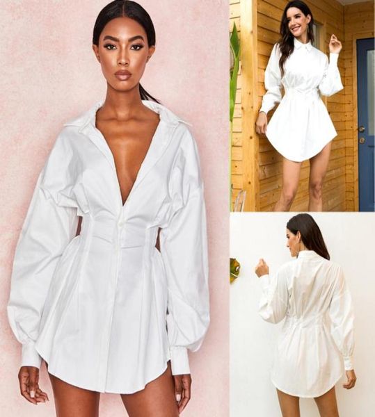 

women039s longsleeved solid color lapel shirt mini dress casual loose blouse loose fit waist shirt dress3411373, White
