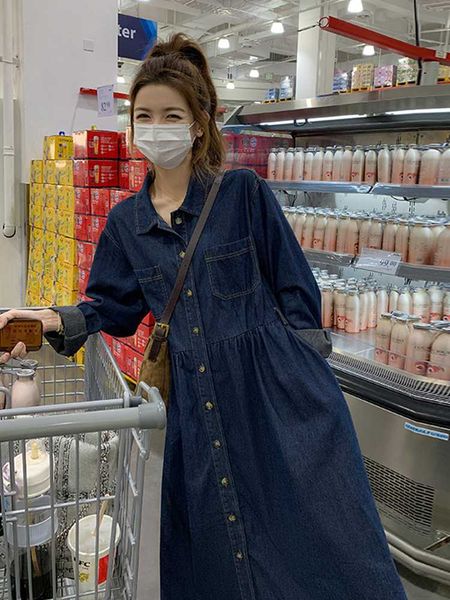 

maternity dresses 2023 korean style maternity denim dress dark blue turn-down collar vintage pregnancy cotton dress plus size pregnant women, White