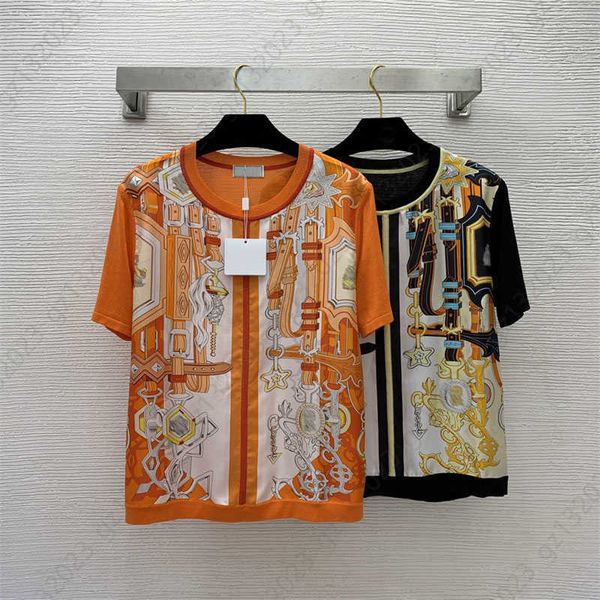 

women t shirt short sleeve jumper front piece 19mm 100% silk twill patchwork belt loop print round neck knit pullover tshirt designer clothe, White