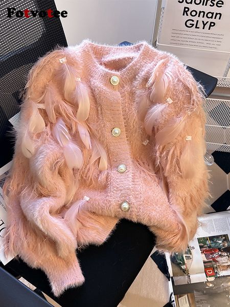 

women's knits tees fotvotee pink cardigan sweater women knitted chic coat fall winter feather korean fashion casual long sleeve elegant, White