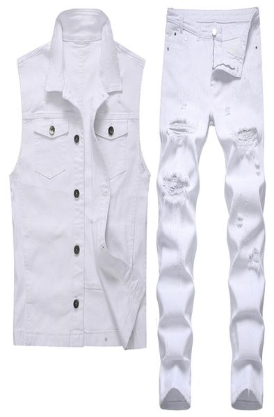 

white men039s vest and jeans 2pcs sets summer tracksuits ripped hole slimfit denim waistcoat pants two piece set conjuntos d7162344, Gray