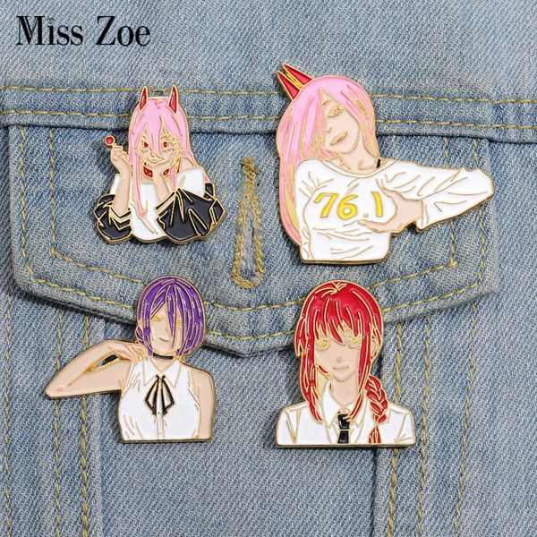 

chainsaw man enamel pins custom japanese anime brooches lapel badges cartoon devil hunter girl jewelry gift for fans friends, Gray