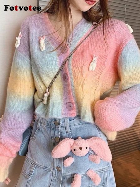 

women's knits tees fotvotee pink cardigan sweaters for women korean fashion long sleeve sweet autumn winter cropped knitted cardigan y2, White