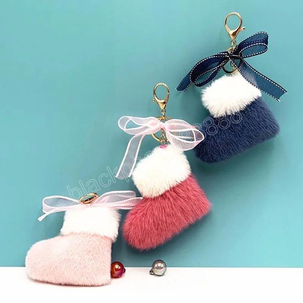 

cute boots shape pompom keychain with ribbon bow keyring women girls handbag ornaments car key chains rings accessories, Silver