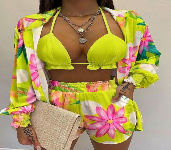 

women039s tracksuits 3 piece sets women 2022 summer fall long sleeve lapel shirts halter bra crop short pants bohemian casu3111917, Gray