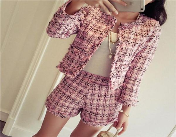 

women039s two piece pants 2021 autumn winter tweed 2 set women slim plaid short fashion fringed trim jacket coat tassels suit4420427, White