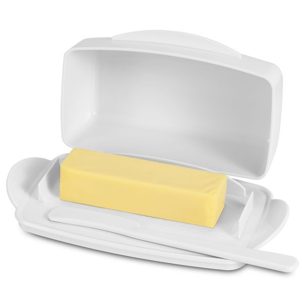 

butter dish with counterlid, durable plastic butter container with spreader knife, cute handle and flip lid design for easy access, non-slip