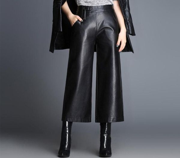 

women039s pants capris women 2021 autumn winter plus size high waist female wide leg anklelength ladies real leather loose t5618720, Black;white