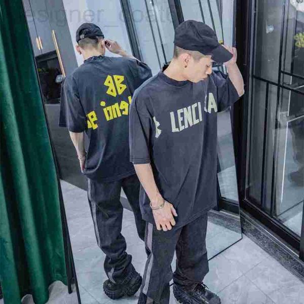 

women's t-shirt designer high version b family's new yellow tape printing, washed and worn out ins mesh red t-shirt for men women, White