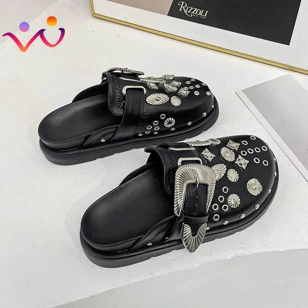 

sandals summer women slippers platform rivets punk rock leather mules creative metal fittings casual party shoes female outdoor slides 23080, Black