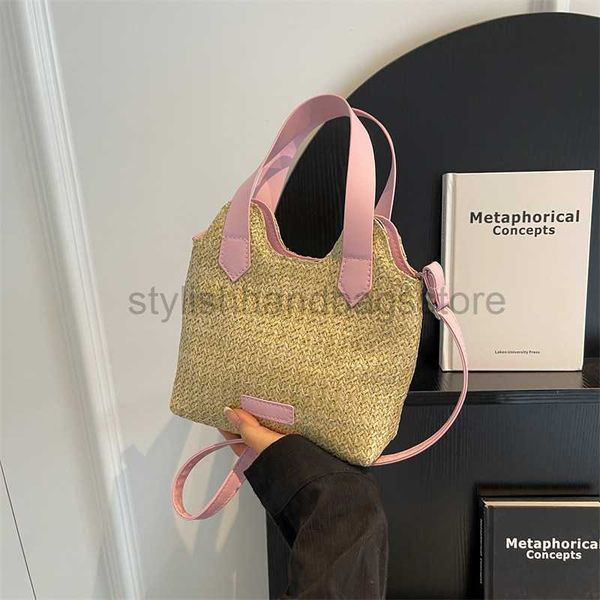 

drawstring 2023 new summer beach bag women's contrast panel woven hollow grass woven bucket bag handheld one shoulder crossbody bagstyl
