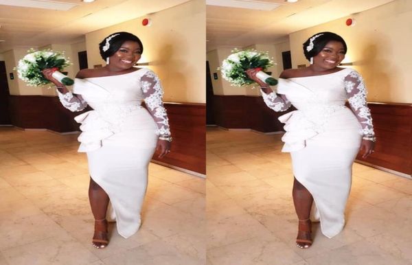 

white mermaid plus size african bridesmaid dresses one shoulder long sleeve side split wedding guest dress with lace appliques6569514, White;pink