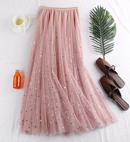 

summer glitter long tulle skirt women pleated sequins shiny tutu skirt high waist aline mesh maxi8925444, Black