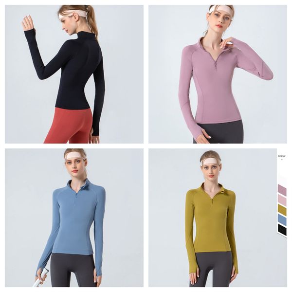 

spring and summer new yoga suit women's standing neck half zipper tight fit sports long sleeve high elastic speed dry soft fitness suit, White;red