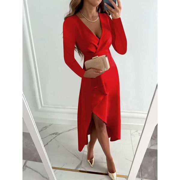 

autumn winter long sleeve v neck plated hems split dress womens wear, Black;gray